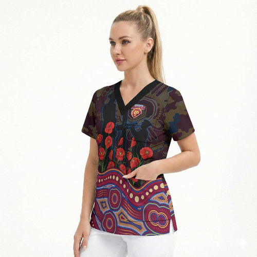 Brisbane Lions ANZAC Day Scrub Top Indigenous Dot Art with Poppy Flower Tribute