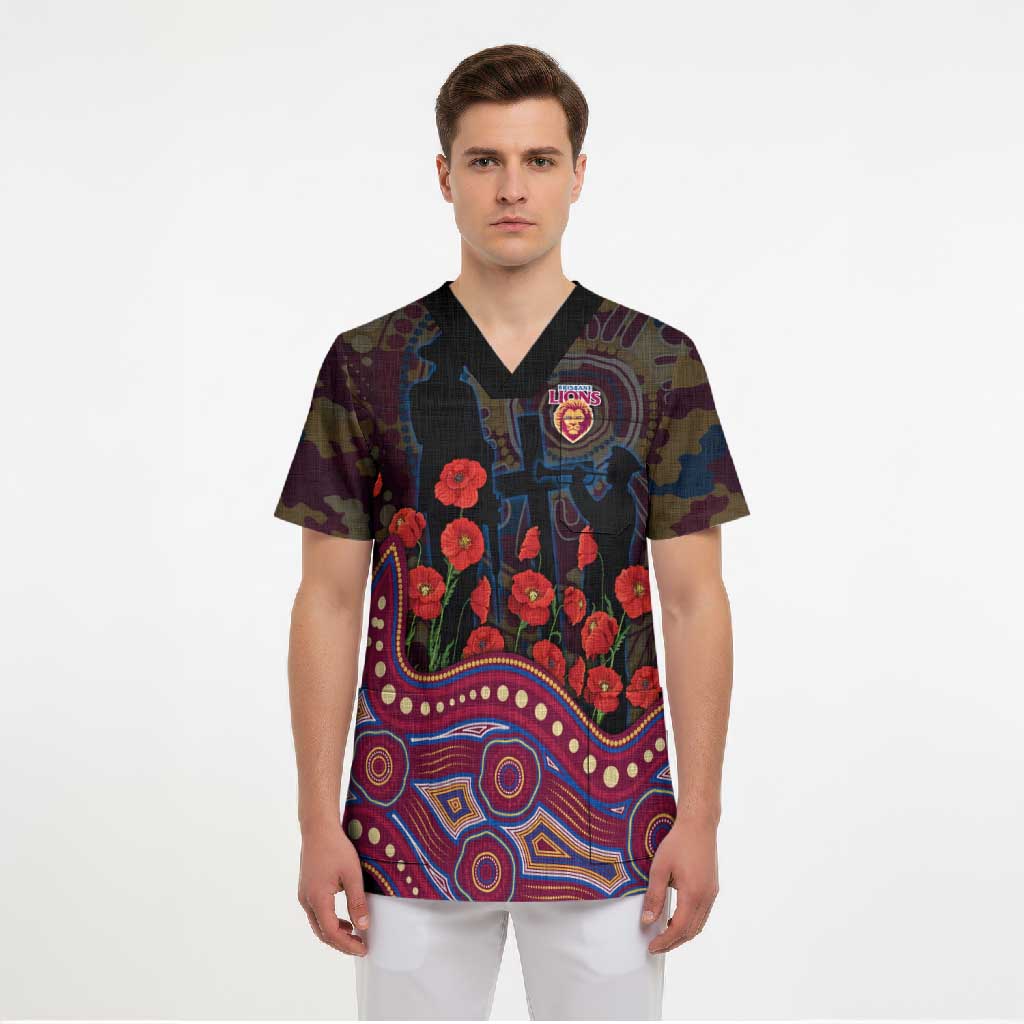 Brisbane Lions ANZAC Day Scrub Top Indigenous Dot Art with Poppy Flower Tribute