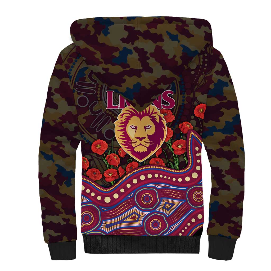Brisbane Lions ANZAC Day Sherpa Hoodie Indigenous Dot Art with Poppy Flower Tribute