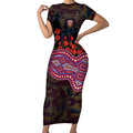 Brisbane Lions ANZAC Day Short Sleeve Bodycon Dress Indigenous Dot Art with Poppy Flower Tribute