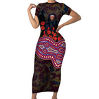 Brisbane Lions ANZAC Day Short Sleeve Bodycon Dress Indigenous Dot Art with Poppy Flower Tribute