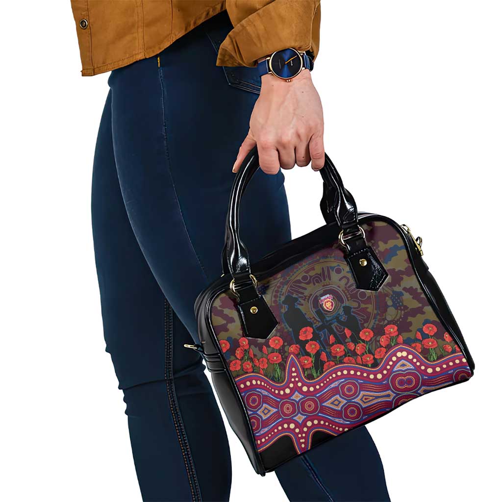 Brisbane Lions ANZAC Day Shoulder Handbag Indigenous Dot Art with Poppy Flower Tribute