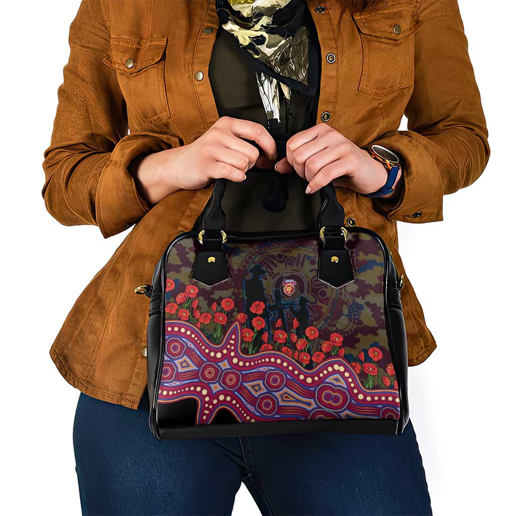 Brisbane Lions ANZAC Day Shoulder Handbag Indigenous Dot Art with Poppy Flower Tribute
