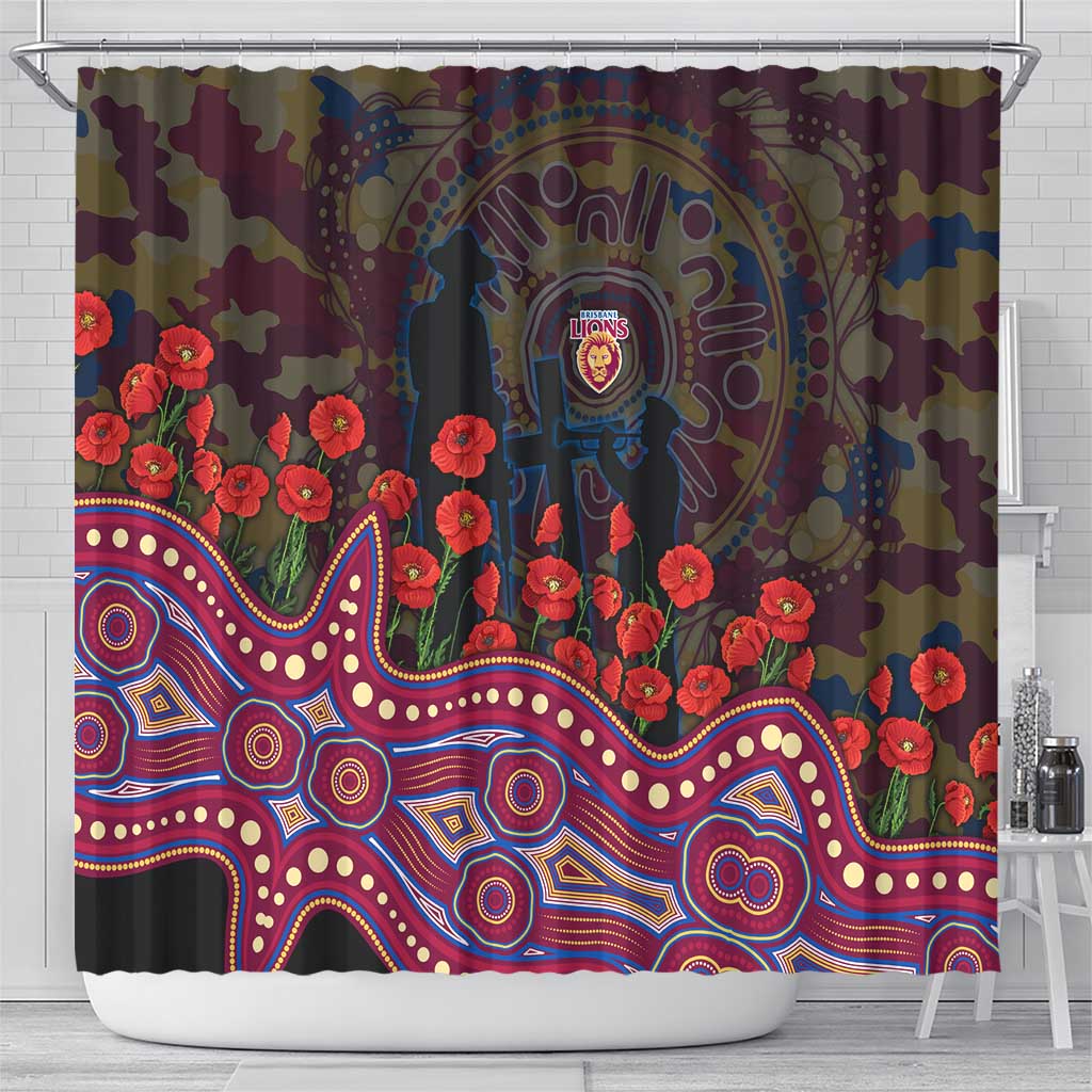 Brisbane Lions ANZAC Day Shower Curtain Indigenous Dot Art with Poppy Flower Tribute