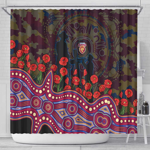 Brisbane Lions ANZAC Day Shower Curtain Indigenous Dot Art with Poppy Flower Tribute