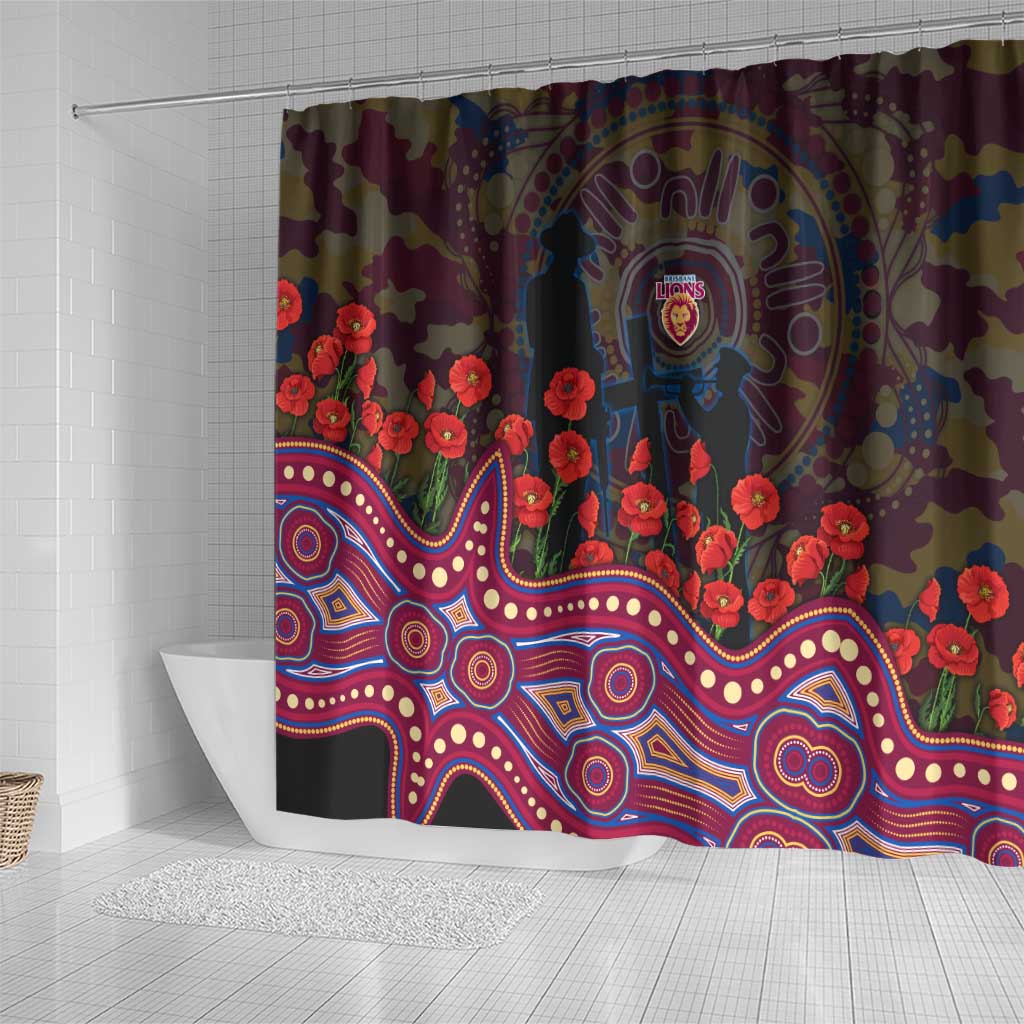 Brisbane Lions ANZAC Day Shower Curtain Indigenous Dot Art with Poppy Flower Tribute