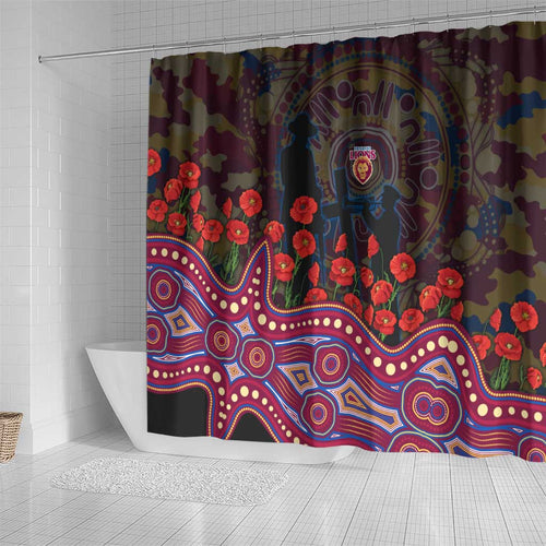 Brisbane Lions ANZAC Day Shower Curtain Indigenous Dot Art with Poppy Flower Tribute