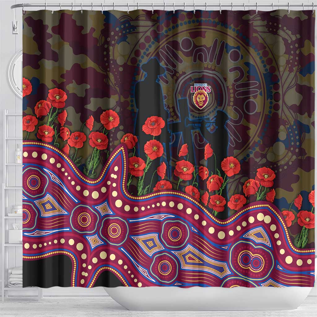 Brisbane Lions ANZAC Day Shower Curtain Indigenous Dot Art with Poppy Flower Tribute