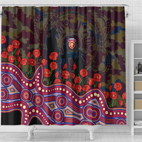 Brisbane Lions ANZAC Day Shower Curtain Indigenous Dot Art with Poppy Flower Tribute
