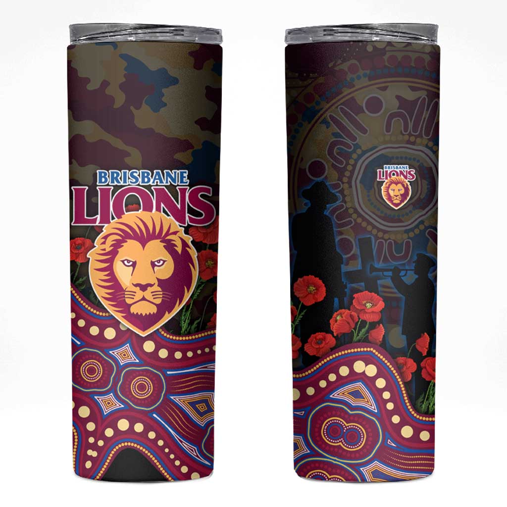 Brisbane Lions ANZAC Day Skinny Tumbler Indigenous Dot Art with Poppy Flower Tribute