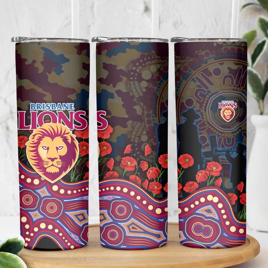 Brisbane Lions ANZAC Day Skinny Tumbler Indigenous Dot Art with Poppy Flower Tribute