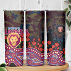 Brisbane Lions ANZAC Day Skinny Tumbler Indigenous Dot Art with Poppy Flower Tribute