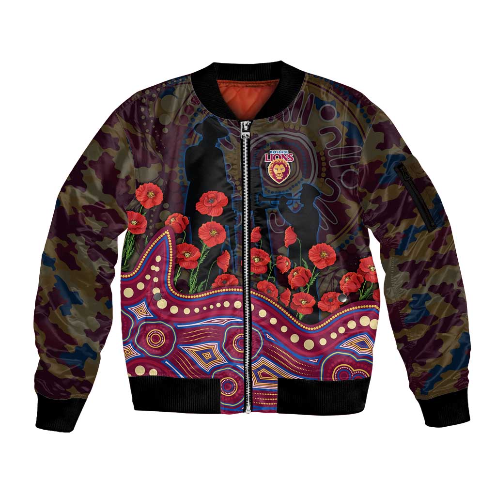 Brisbane Lions ANZAC Day Sleeve Zip Bomber Jacket Indigenous Dot Art with Poppy Flower Tribute