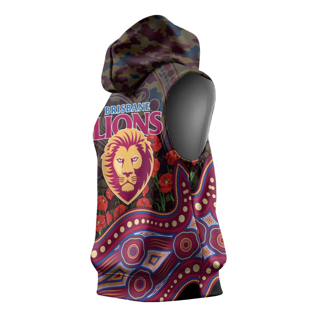 Brisbane Lions ANZAC Day Sleeveless Hoodie Indigenous Dot Art with Poppy Flower Tribute