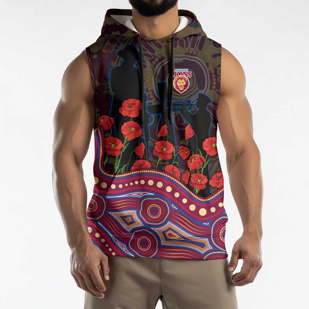 Brisbane Lions ANZAC Day Sleeveless Hoodie Indigenous Dot Art with Poppy Flower Tribute