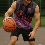Brisbane Lions ANZAC Day Sleeveless Hoodie Indigenous Dot Art with Poppy Flower Tribute