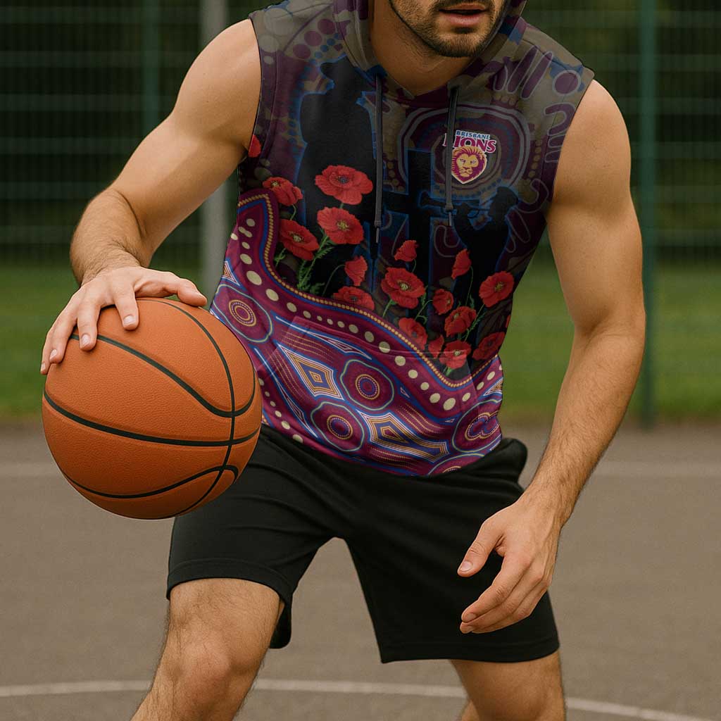 Brisbane Lions ANZAC Day Sleeveless Hoodie Indigenous Dot Art with Poppy Flower Tribute