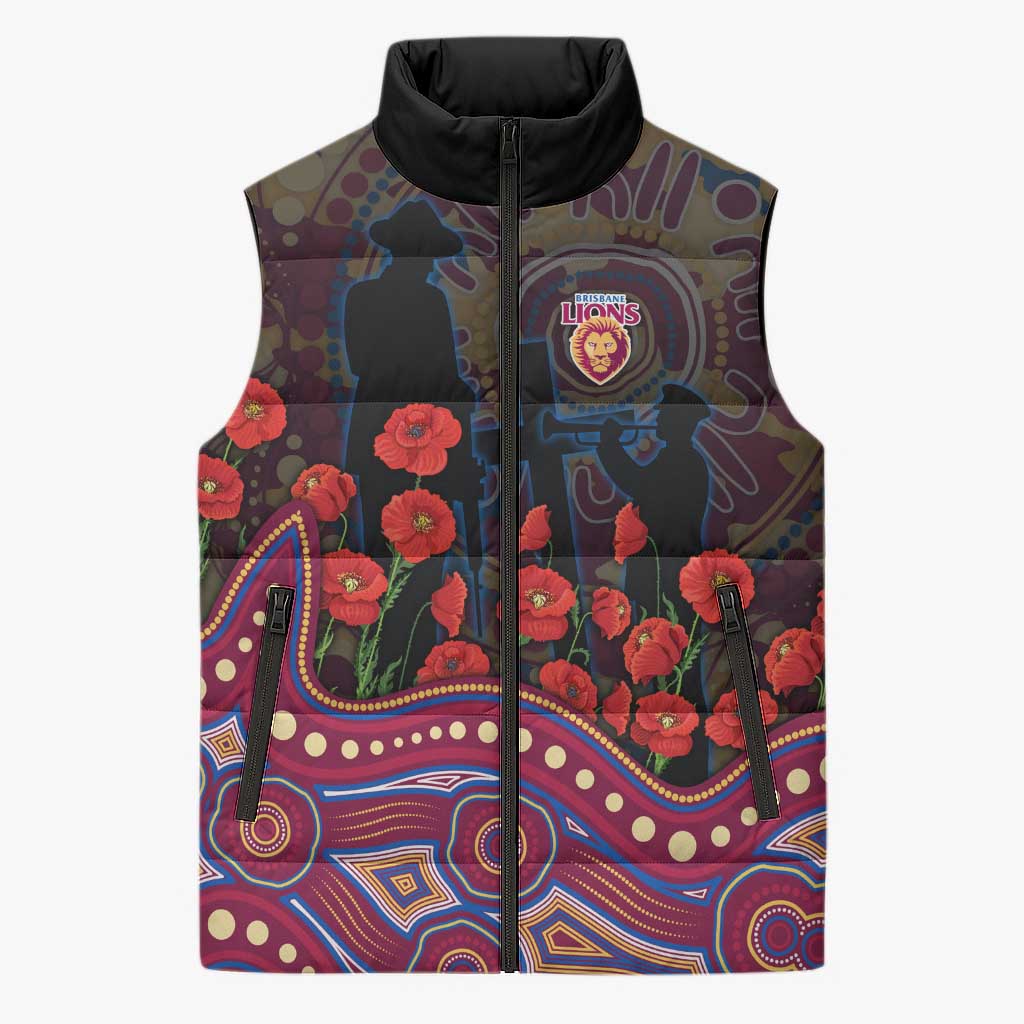 Brisbane Lions ANZAC Day Sleeveless Puffer Jacket Indigenous Dot Art with Poppy Flower Tribute
