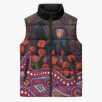 Brisbane Lions ANZAC Day Sleeveless Puffer Jacket Indigenous Dot Art with Poppy Flower Tribute