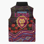 Brisbane Lions ANZAC Day Sleeveless Puffer Jacket Indigenous Dot Art with Poppy Flower Tribute
