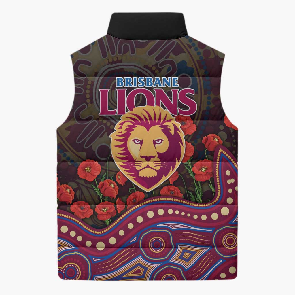 Brisbane Lions ANZAC Day Sleeveless Puffer Jacket Indigenous Dot Art with Poppy Flower Tribute