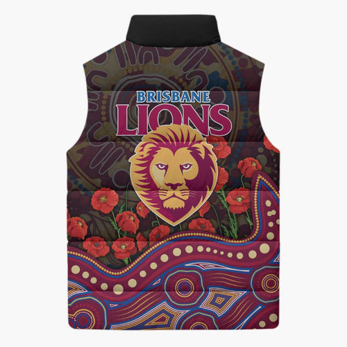 Brisbane Lions ANZAC Day Sleeveless Puffer Jacket Indigenous Dot Art with Poppy Flower Tribute