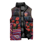 Brisbane Lions ANZAC Day Sleeveless Puffer Jacket Indigenous Dot Art with Poppy Flower Tribute