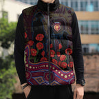 Brisbane Lions ANZAC Day Sleeveless Puffer Jacket Indigenous Dot Art with Poppy Flower Tribute
