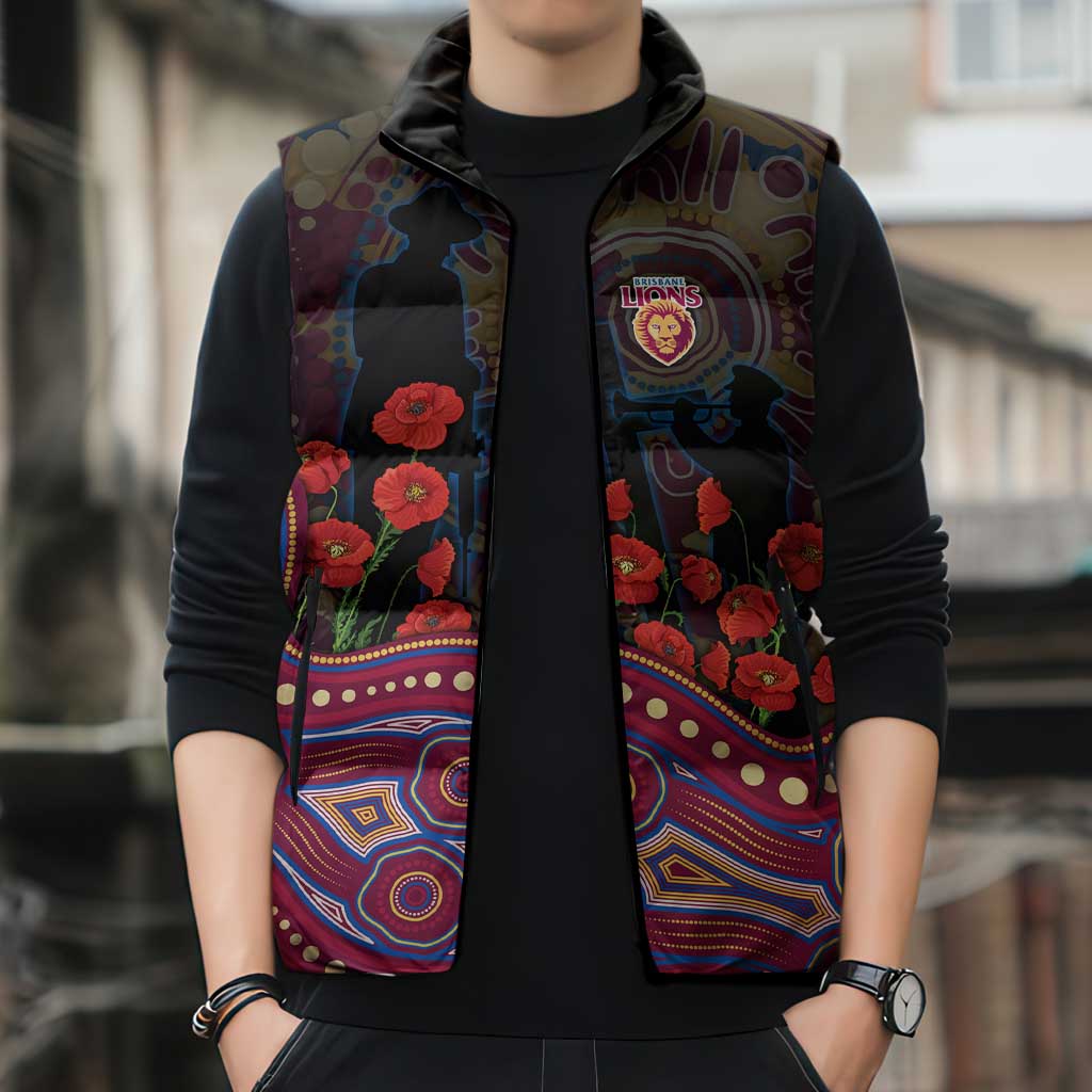 Brisbane Lions ANZAC Day Sleeveless Puffer Jacket Indigenous Dot Art with Poppy Flower Tribute