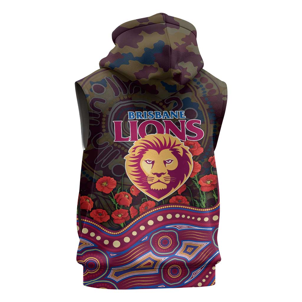 Brisbane Lions ANZAC Day Sleeveless Zip Hoodie Indigenous Dot Art with Poppy Flower Tribute
