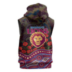 Brisbane Lions ANZAC Day Sleeveless Zip Hoodie Indigenous Dot Art with Poppy Flower Tribute