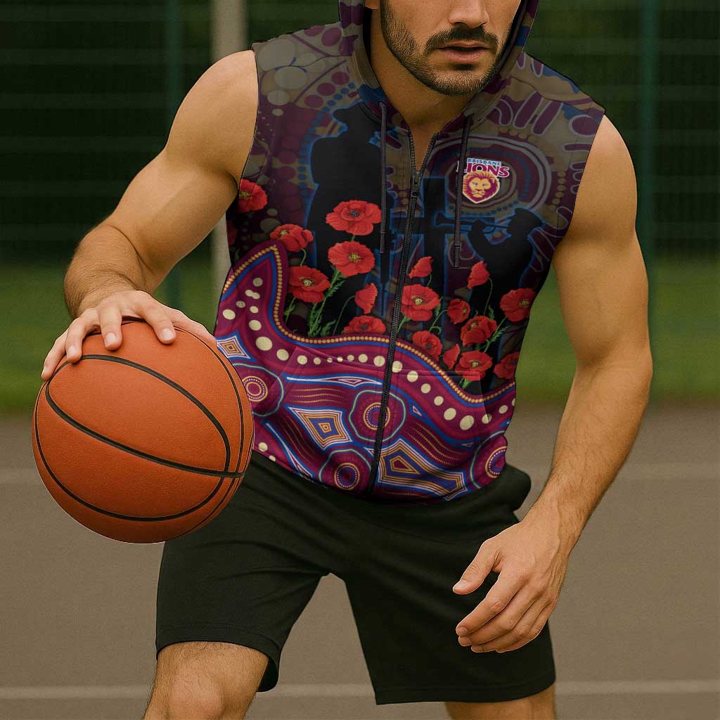 Brisbane Lions ANZAC Day Sleeveless Zip Hoodie Indigenous Dot Art with Poppy Flower Tribute
