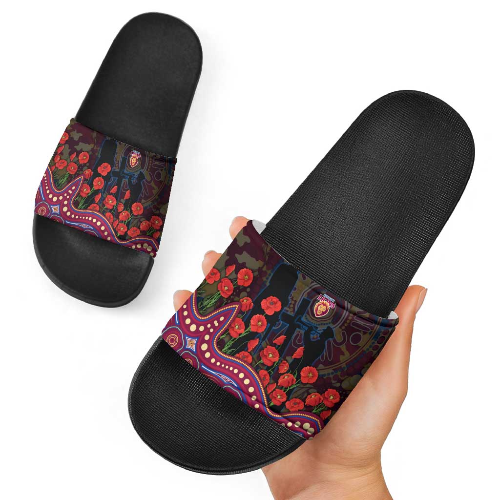 Brisbane Lions ANZAC Day Slide Sandals Indigenous Dot Art with Poppy Flower Tribute
