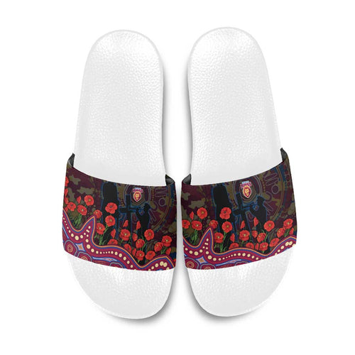 Brisbane Lions ANZAC Day Slide Sandals Indigenous Dot Art with Poppy Flower Tribute