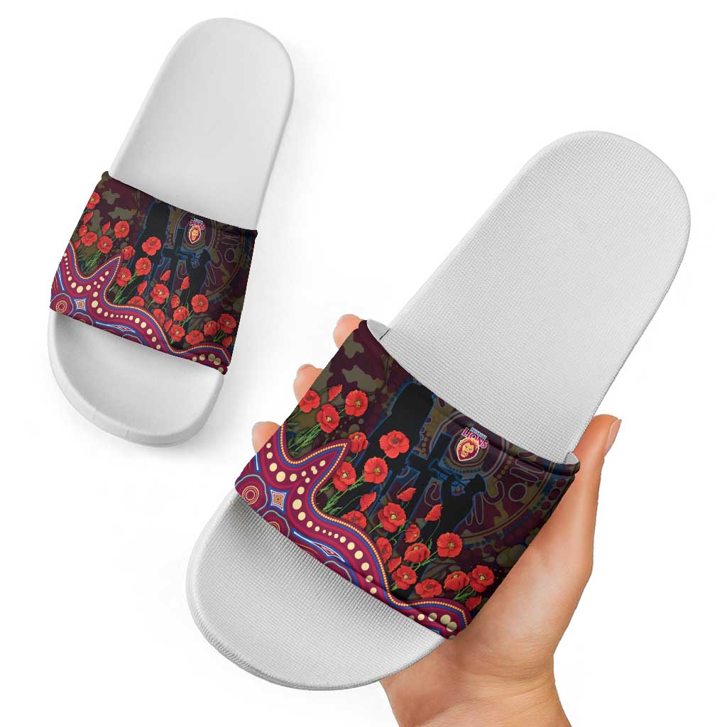 Brisbane Lions ANZAC Day Slide Sandals Indigenous Dot Art with Poppy Flower Tribute
