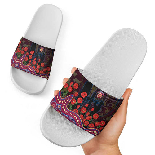 Brisbane Lions ANZAC Day Slide Sandals Indigenous Dot Art with Poppy Flower Tribute