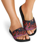 Brisbane Lions ANZAC Day Slide Sandals Indigenous Dot Art with Poppy Flower Tribute