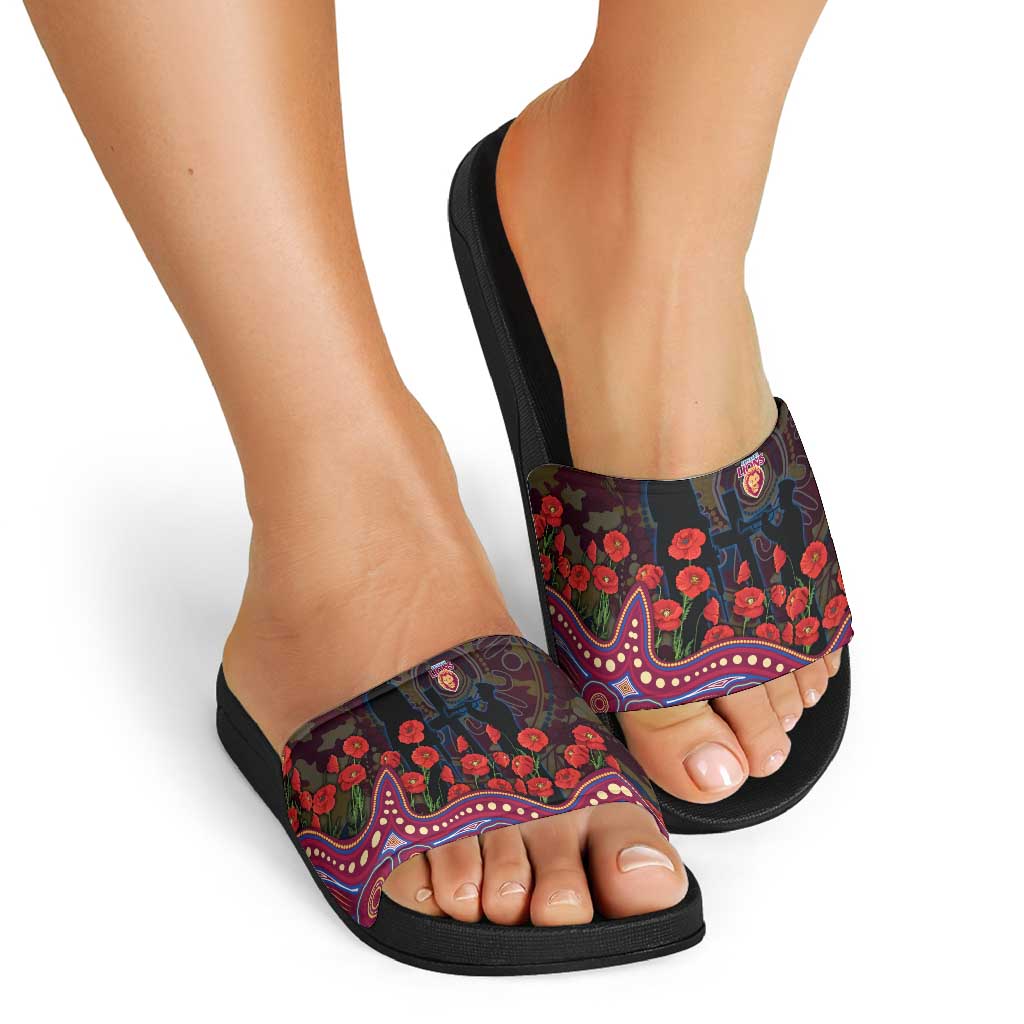 Brisbane Lions ANZAC Day Slide Sandals Indigenous Dot Art with Poppy Flower Tribute