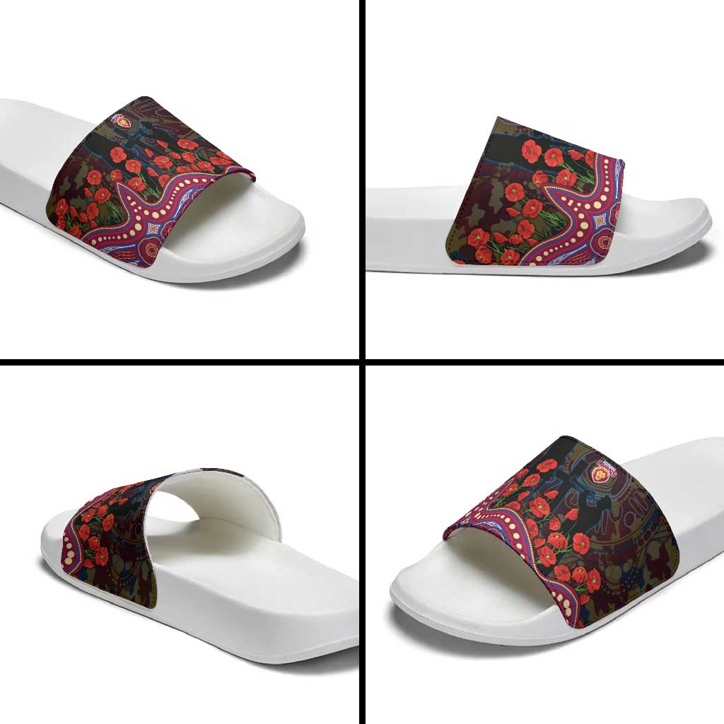 Brisbane Lions ANZAC Day Slide Sandals Indigenous Dot Art with Poppy Flower Tribute