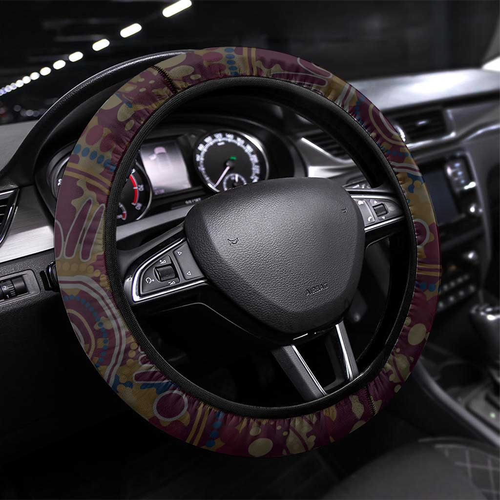 Brisbane Lions ANZAC Day Steering Wheel Cover Indigenous Dot Art with Poppy Flower Tribute