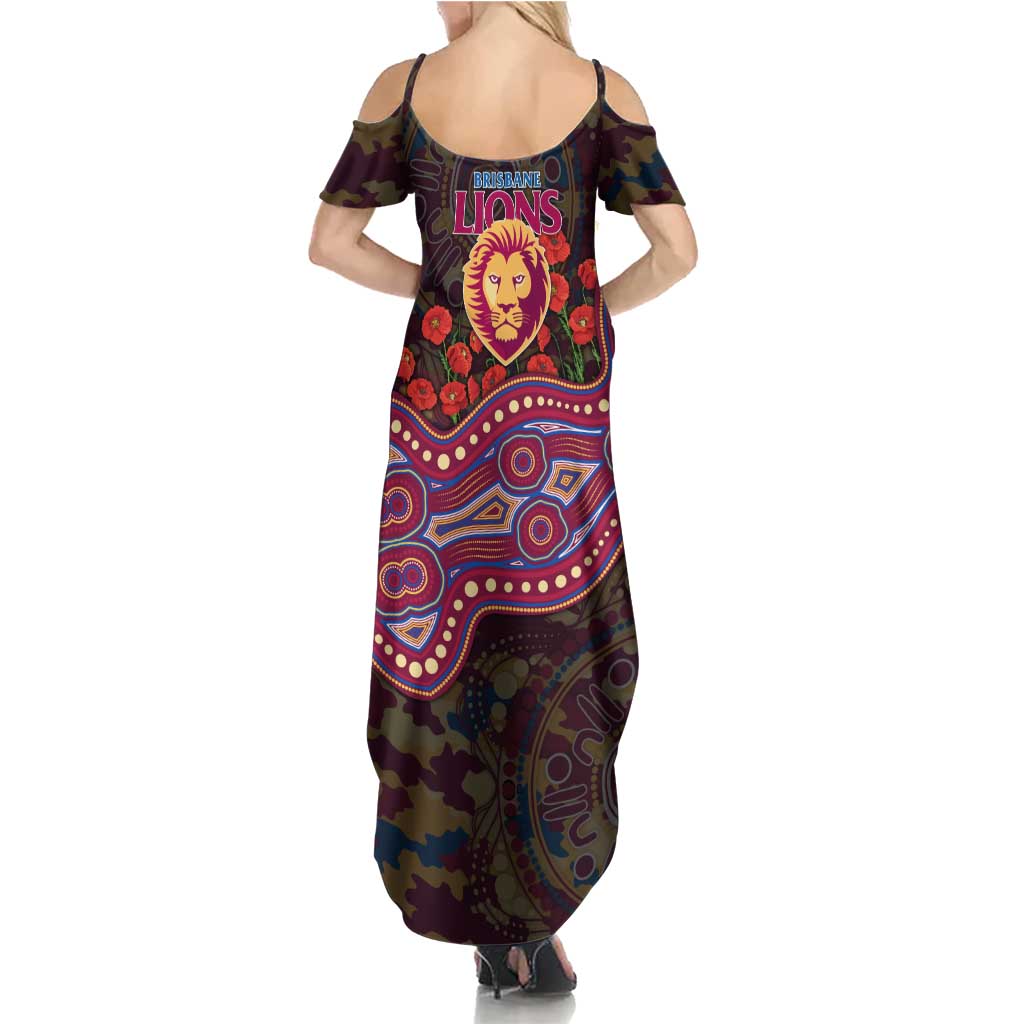 Brisbane Lions ANZAC Day Summer Maxi Dress Indigenous Dot Art with Poppy Flower Tribute