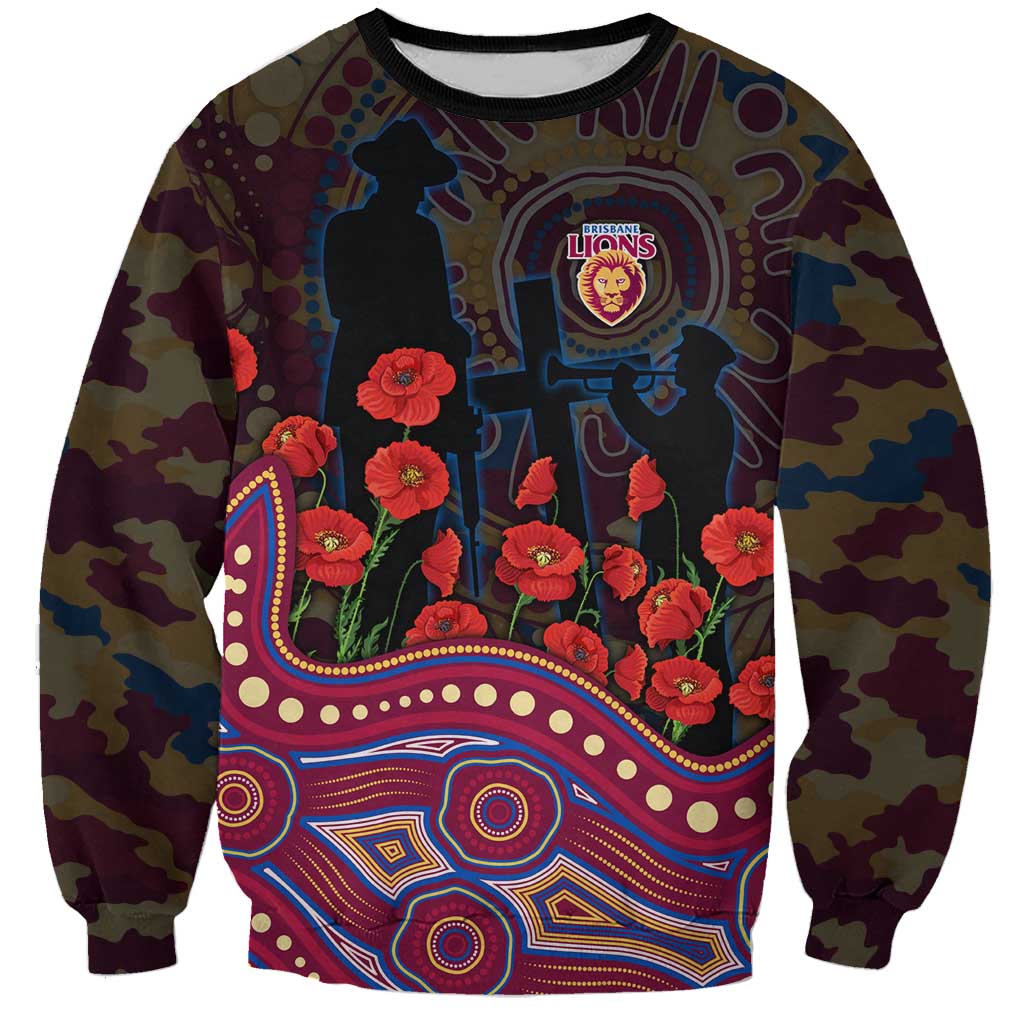 Brisbane Lions ANZAC Day Sweatshirt Indigenous Dot Art with Poppy Flower Tribute