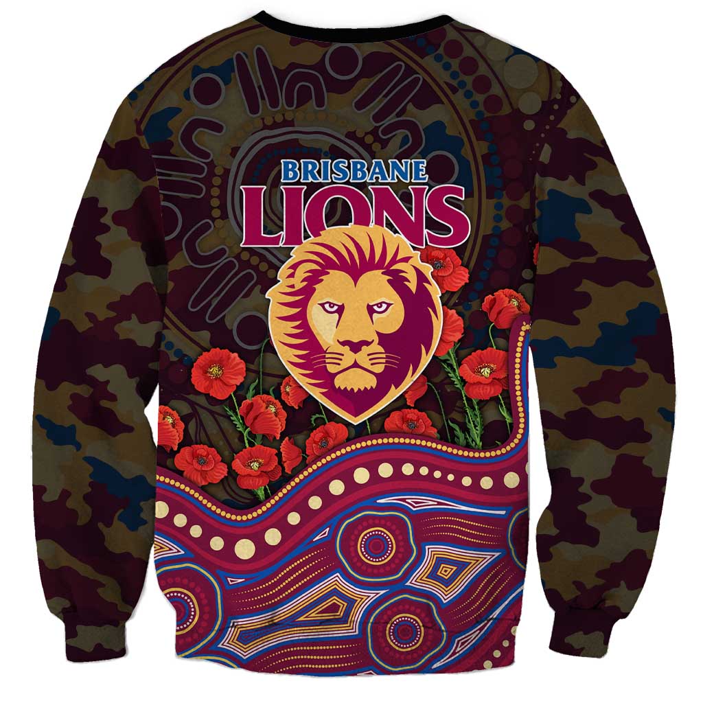 Brisbane Lions ANZAC Day Sweatshirt Indigenous Dot Art with Poppy Flower Tribute