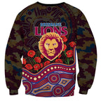 Brisbane Lions ANZAC Day Sweatshirt Indigenous Dot Art with Poppy Flower Tribute
