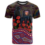 Brisbane Lions ANZAC Day T Shirt Indigenous Dot Art with Poppy Flower Tribute