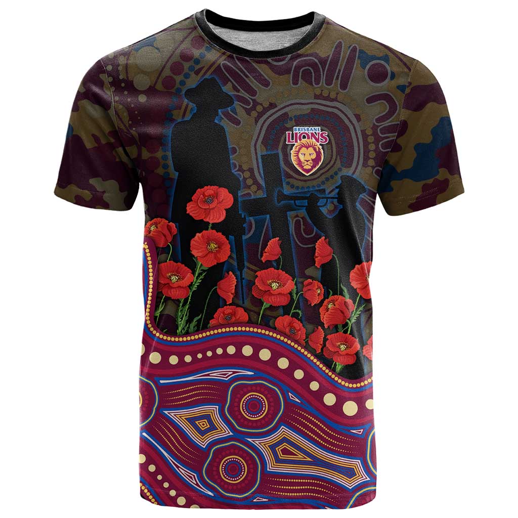 Brisbane Lions ANZAC Day T Shirt Indigenous Dot Art with Poppy Flower Tribute