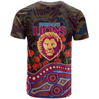Brisbane Lions ANZAC Day T Shirt Indigenous Dot Art with Poppy Flower Tribute