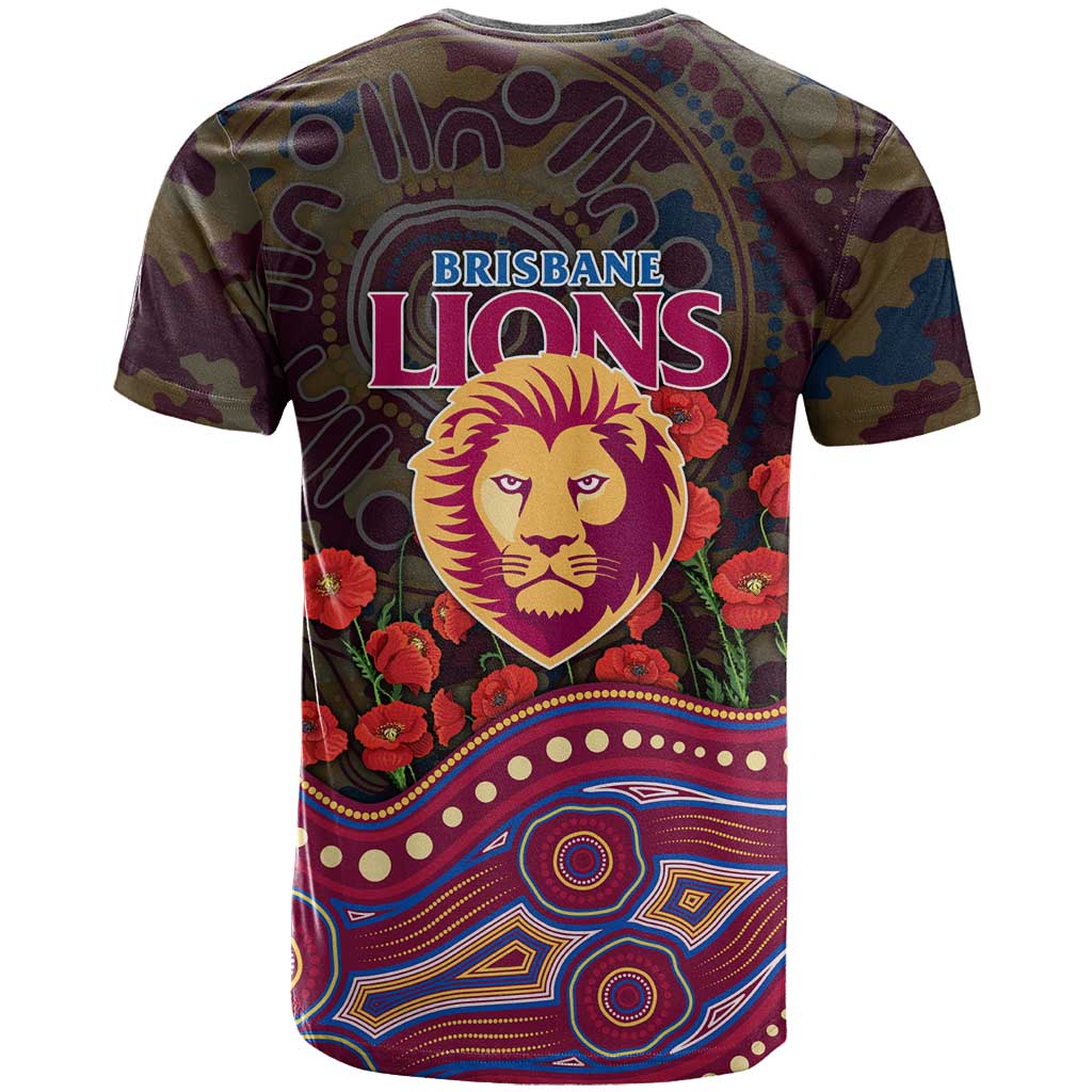 Brisbane Lions ANZAC Day T Shirt Indigenous Dot Art with Poppy Flower Tribute