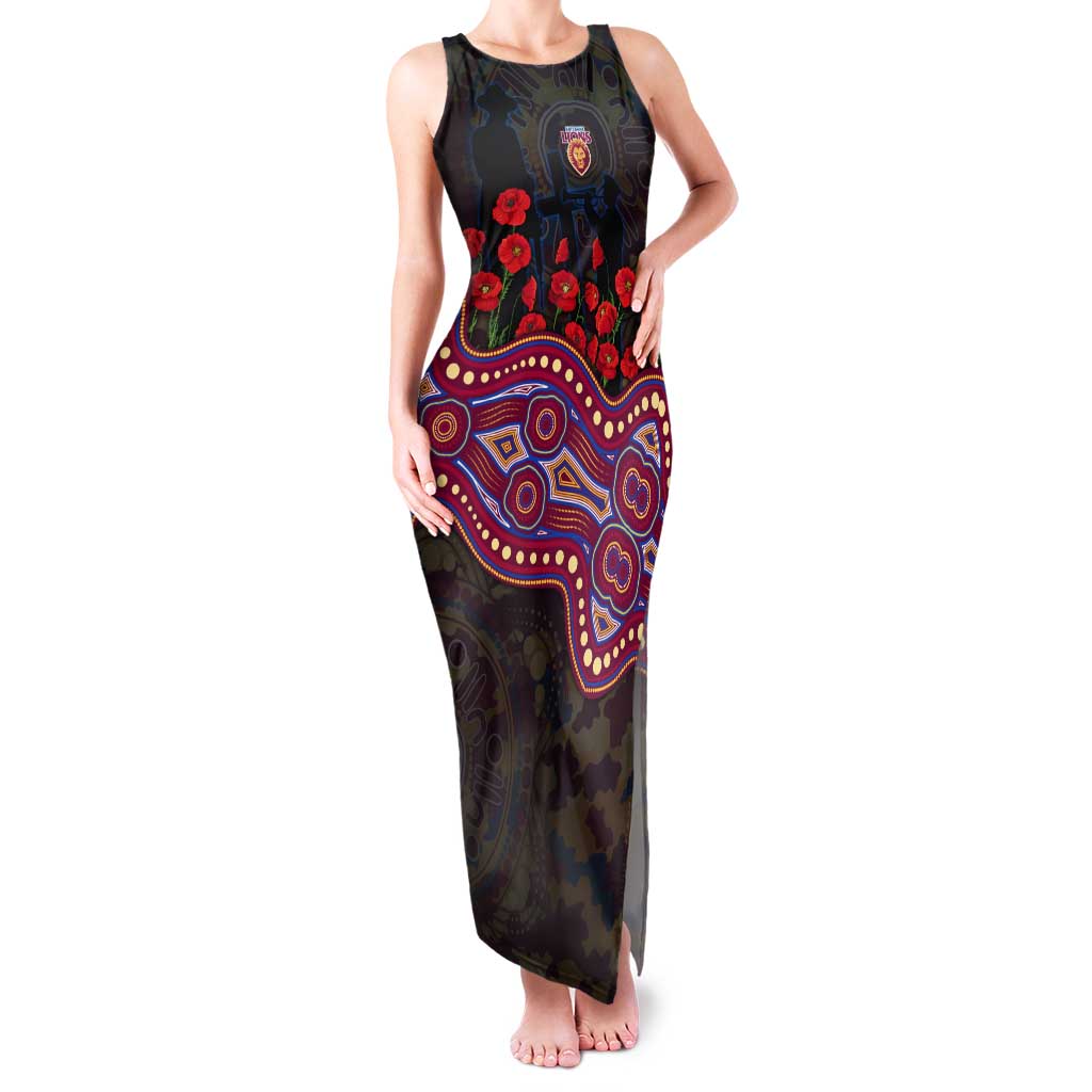 Brisbane Lions ANZAC Day Tank Maxi Dress Indigenous Dot Art with Poppy Flower Tribute
