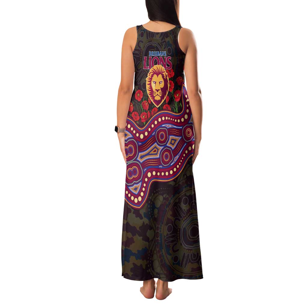 Brisbane Lions ANZAC Day Tank Maxi Dress Indigenous Dot Art with Poppy Flower Tribute